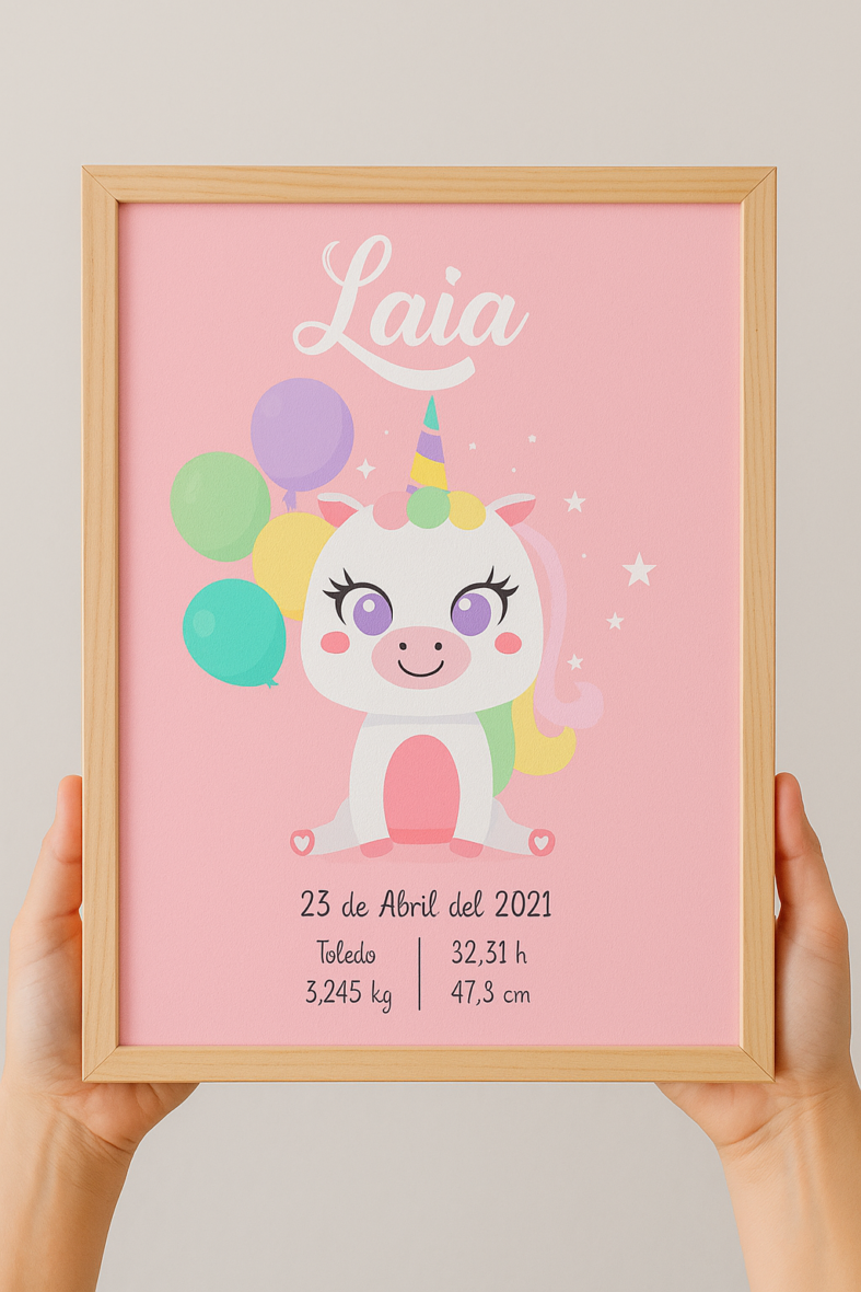 Lámina de nacimiento personalizada unicornio fiesta