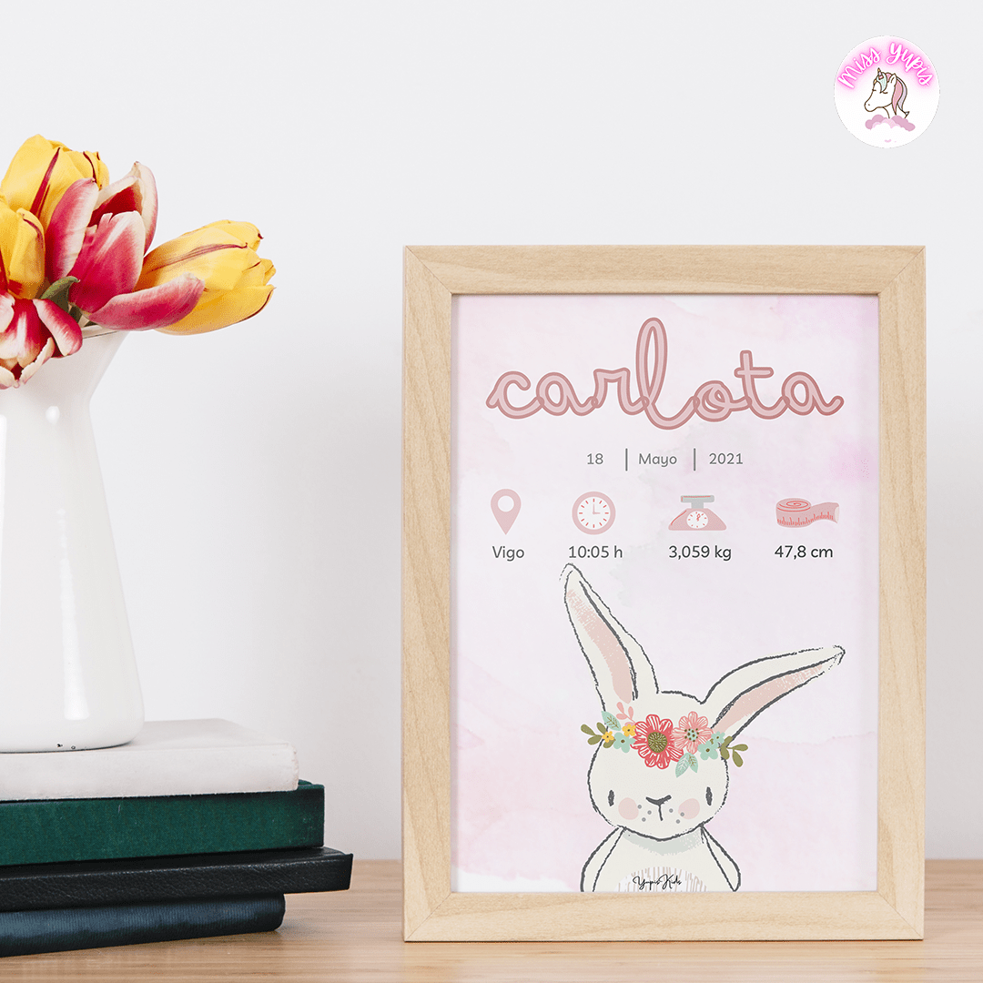 Lámina de nacimiento personalizada conejo con flores