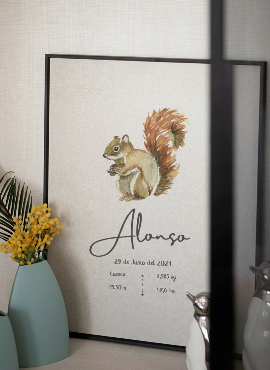 Lámina de nacimiento personalizada ardilla